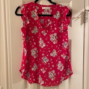 LOFT Pink Floral Blouse with Ruffled Sleeves